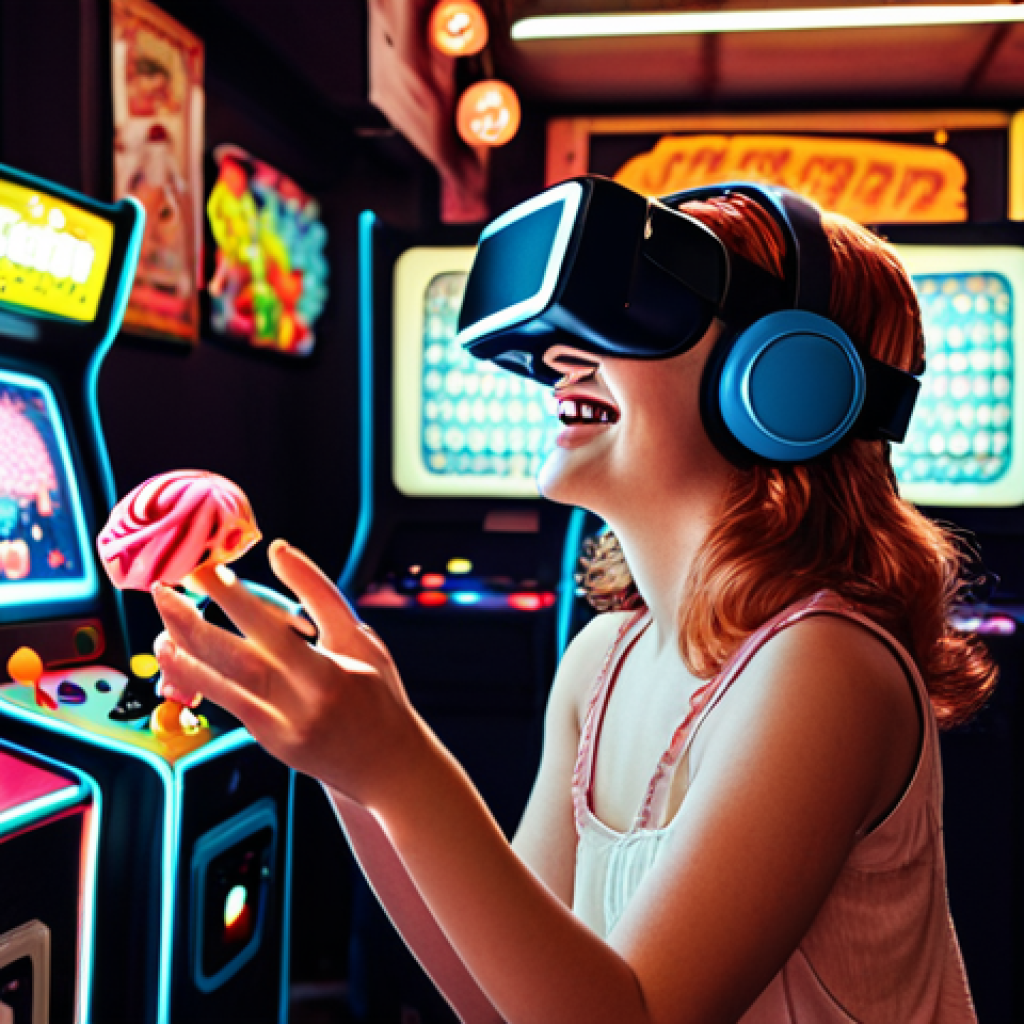 **

A dimly lit retro arcade in VR. A person with a VR headset smiles, immersed in an Invader Game.  Other VR users are nearby.  Focus on the glow of CRT monitors and the nostalgic atmosphere, evoking the Showa era. Include elements like vintage candy shop items in the background.
**