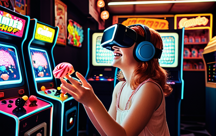 **

A dimly lit retro arcade in VR. A person with a VR headset smiles, immersed in an Invader Game.  Other VR users are nearby.  Focus on the glow of CRT monitors and the nostalgic atmosphere, evoking the Showa era. Include elements like vintage candy shop items in the background.
**