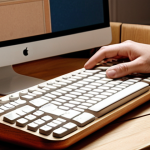 A tranquil and warm indoor scene with soft, natural lighting. A person is gently interacting with a Neutro-designed gadget, such as a wooden Bluetooth speaker or a retro-style keyboard, placed on a surface with pleasant tactile qualities. The atmosphere evokes a sense of comfort, nostalgia, and a peaceful escape from digital overload, emphasizing the sensory joy and emotional connection to objects.