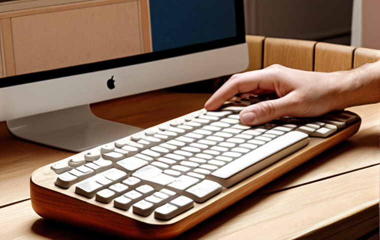 A tranquil and warm indoor scene with soft, natural lighting. A person is gently interacting with a Neutro-designed gadget, such as a wooden Bluetooth speaker or a retro-style keyboard, placed on a surface with pleasant tactile qualities. The atmosphere evokes a sense of comfort, nostalgia, and a peaceful escape from digital overload, emphasizing the sensory joy and emotional connection to objects.