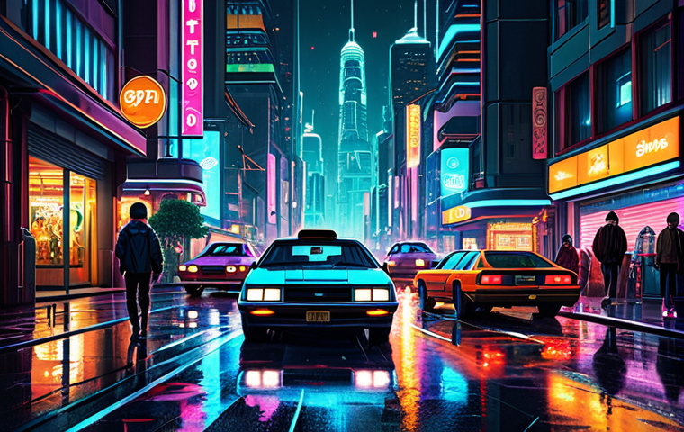 뉴트로 디자인으로 만든 유명 프로젝트 - "A retro-futuristic cityscape at night, neon lights reflecting on wet streets, flying cars inspired ...