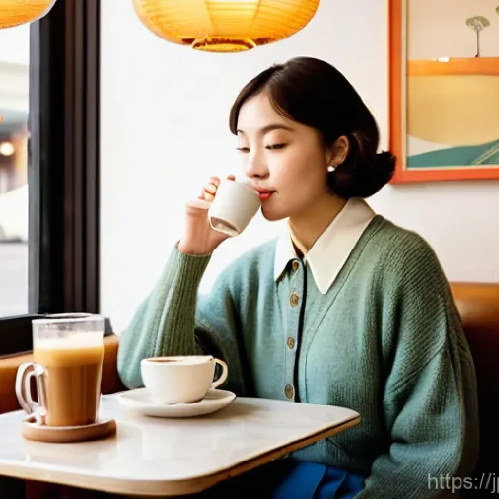 뉴트로 디자인의 역사와 배경 - **Prompt:** A cozy and inviting "New Retro" café interior, bathed in soft, warm afternoon light stre...