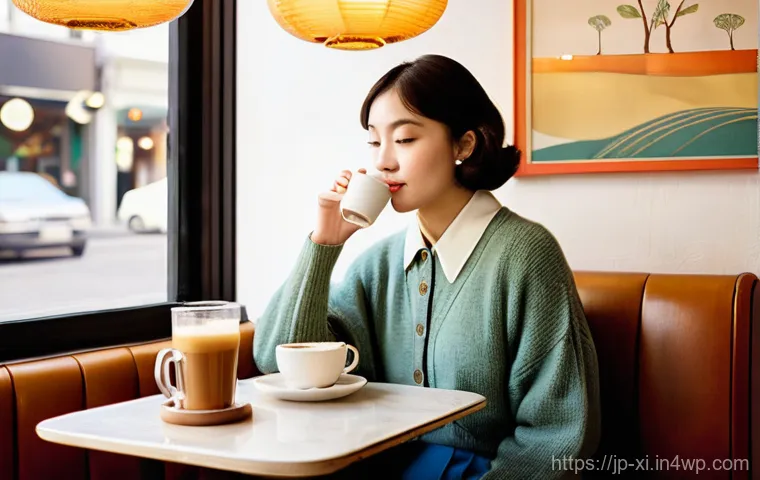 뉴트로 디자인의 역사와 배경 - **Prompt:** A cozy and inviting "New Retro" café interior, bathed in soft, warm afternoon light stre...