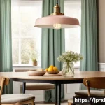 뉴트로 디자인을 위한 소품 추천 - A cozy interior scene showcasing a vintage-inspired pendant light made of warm brass with a soft glo...