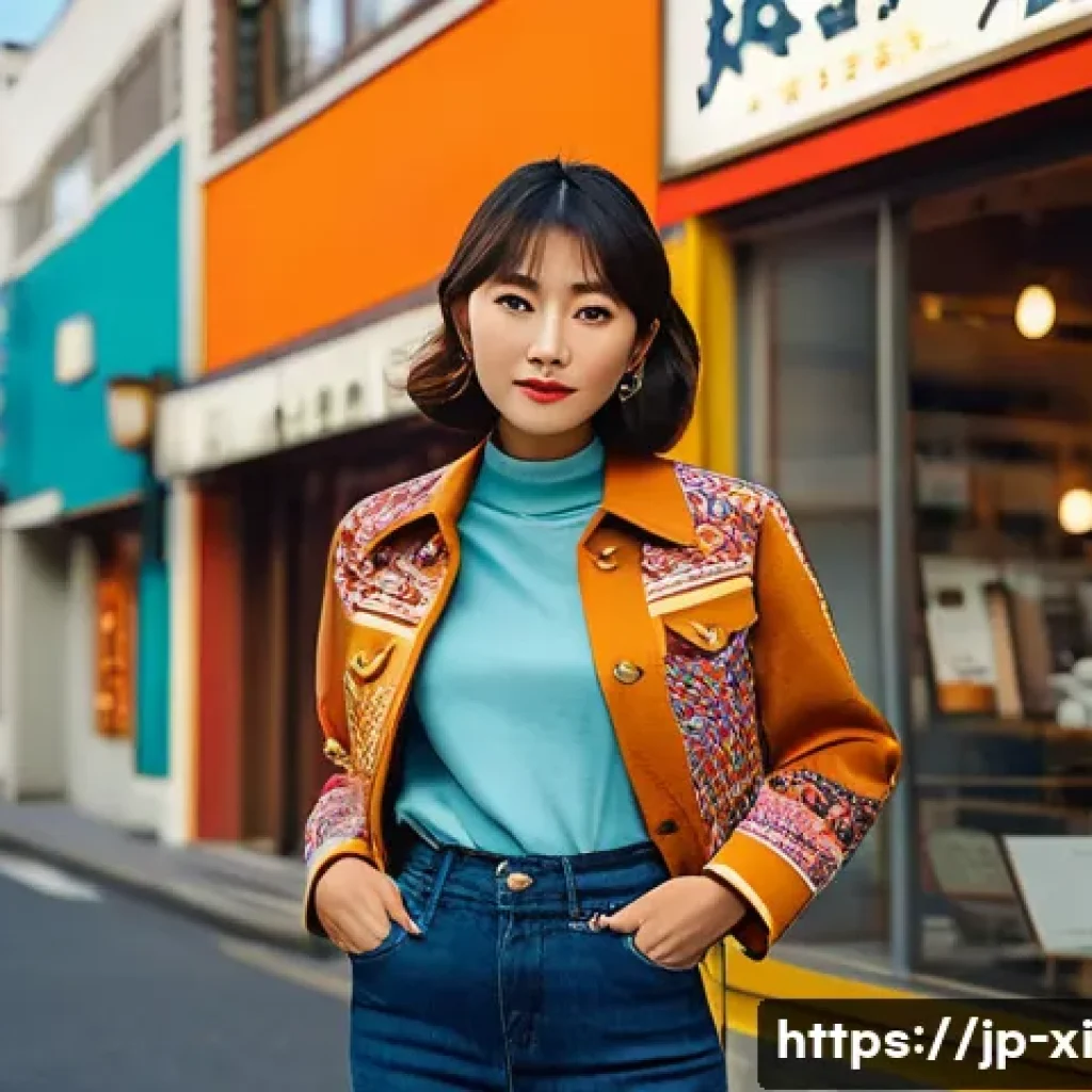뉴트로 디자인의 시장 트렌드와 변동 - A stylish young Japanese woman wearing a modernized 1970s-inspired jacket with bold patterns and vib...