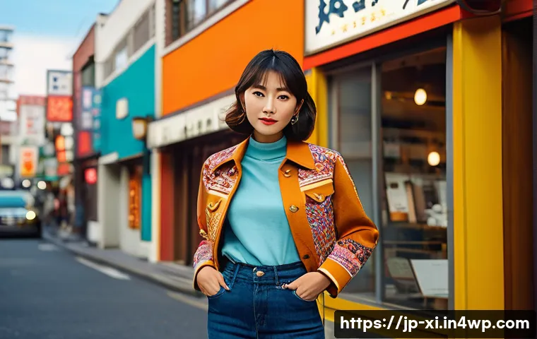 뉴트로 디자인의 시장 트렌드와 변동 - A stylish young Japanese woman wearing a modernized 1970s-inspired jacket with bold patterns and vib...