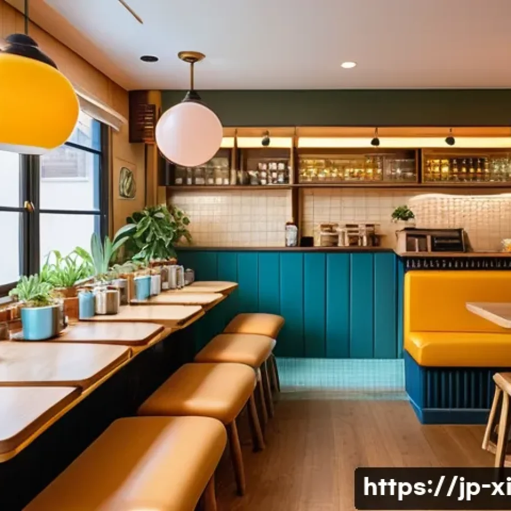 뉴트로 디자인의 사회적 영향 - A cozy Newtro-style cafe interior blending Showa-era retro elements with modern minimalism, featurin...