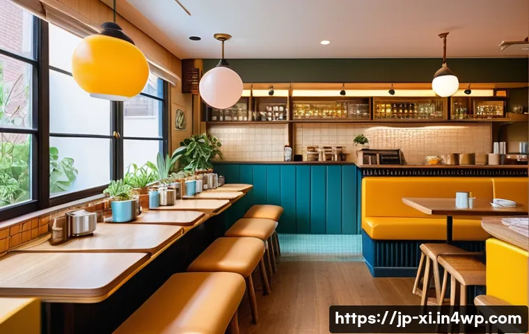 뉴트로 디자인의 사회적 영향 - A cozy Newtro-style cafe interior blending Showa-era retro elements with modern minimalism, featurin...
