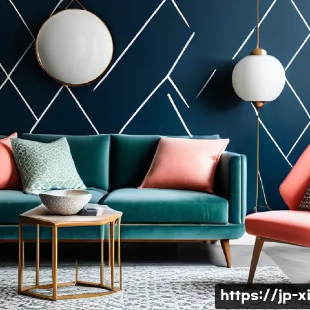 뉴트로 디자인에서의 패턴 활용법 - A stylish interior scene showcasing a modern "Newtro" design living room, featuring a mix of retro g...