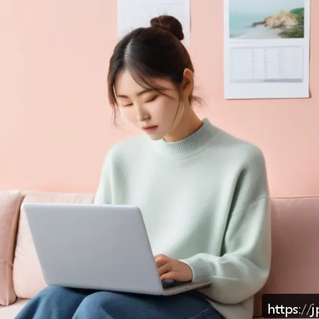 뉴트로 디자인을 통한 커뮤니케이션 방안 - A cozy digital workspace scene featuring a young Japanese woman thoughtfully typing on a sleek lapto...