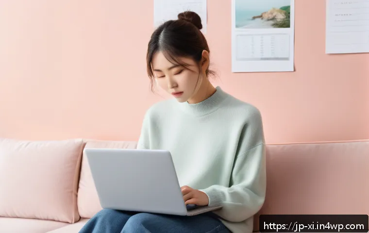 뉴트로 디자인을 통한 커뮤니케이션 방안 - A cozy digital workspace scene featuring a young Japanese woman thoughtfully typing on a sleek lapto...