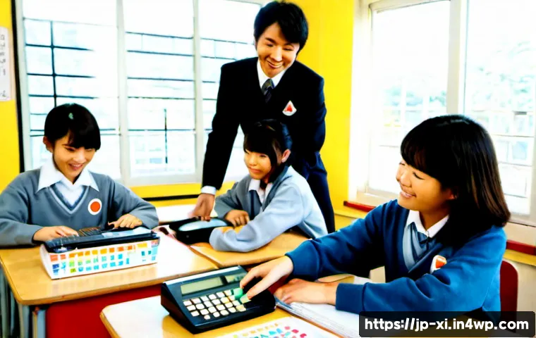 뉴트로 디자인의 교육적 가치 - Photorealistic Japanese classroom where a cheerful teacher guides middle-school students using a tac...